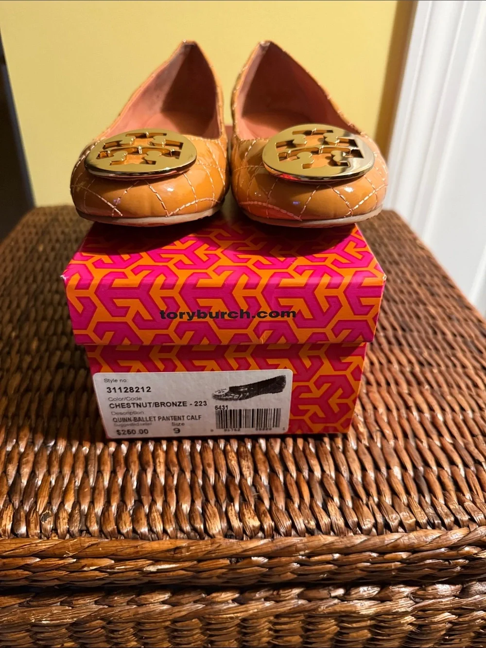 Tory Burch Chestnut Bronze Patent Quilted Logo Ballet Flats